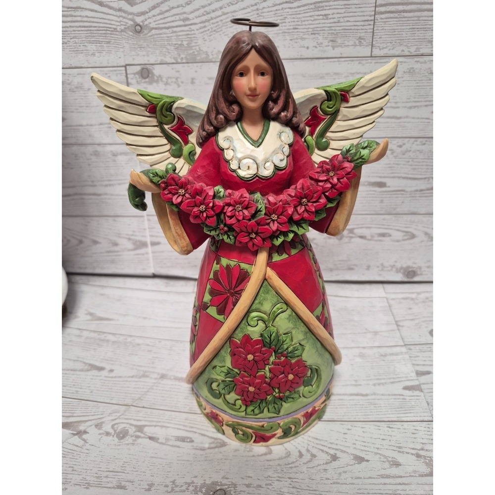 Jim Shore Heartwood Creek Christmas Beauty Angel Figurine Red Green Poinsettia